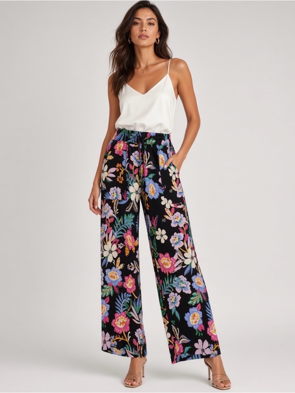 C&C California 100% Linen Black Floral Wide-Leg Pants